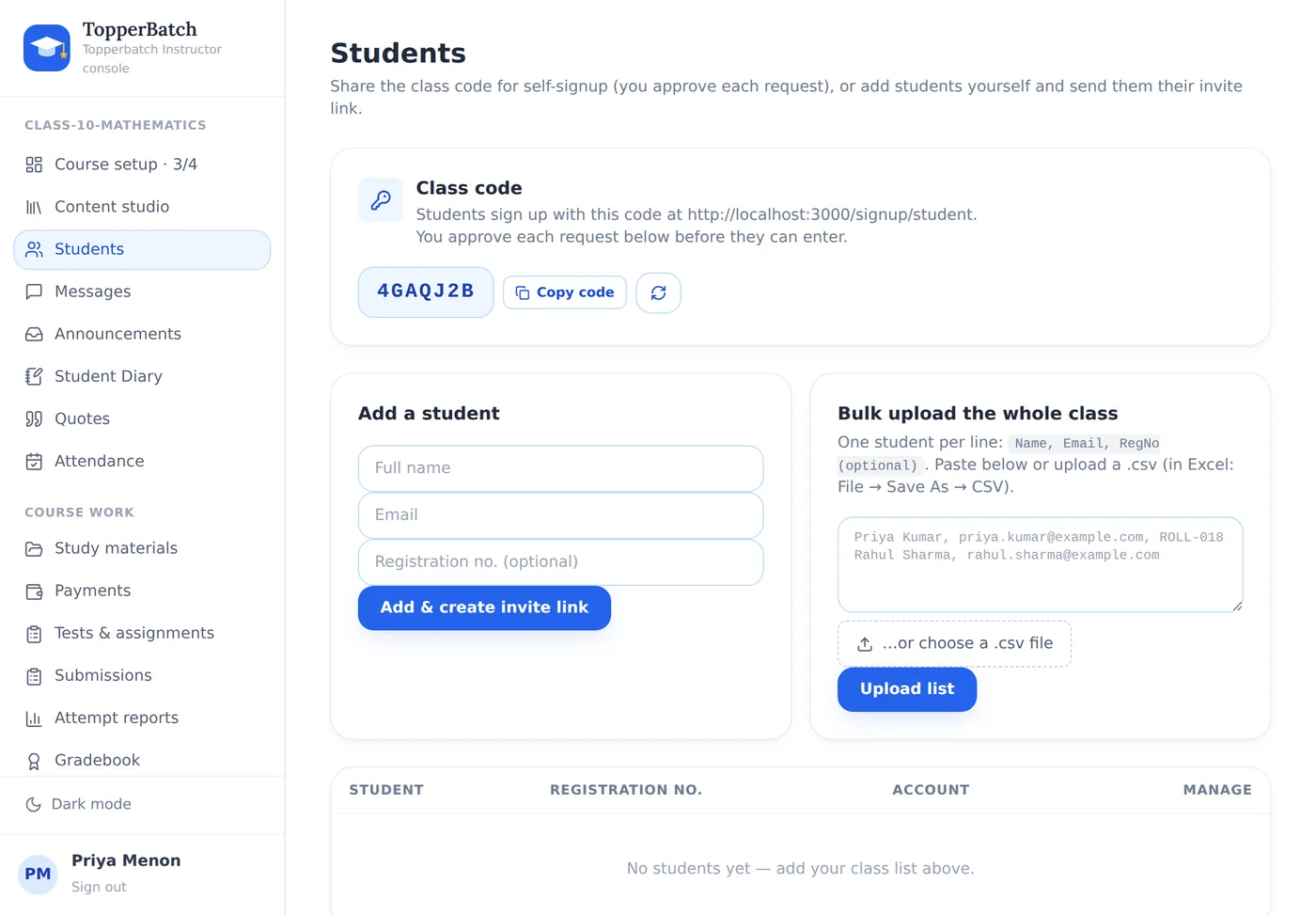 The Students page, with the class code and pending requests.